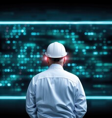 Poster - Engineer in hardhat observing digital data stream on large screen Analyzing complex information technology