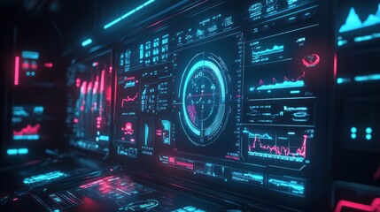 Fototapete - Futuristic digital interface with glowing graphs, charts, and data visualizations on multiple screens.