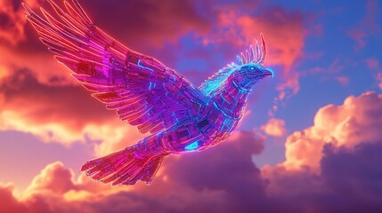 Poster - Neon Phoenix Rising: A Cybernetic Bird in a Colorful Sky Dreamscape