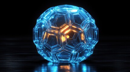 Leinwandbilder - Futuristic glowing blue and orange hexagonal sphere on dark surface.