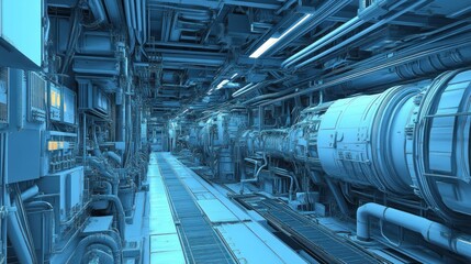 Aufkleber - Futuristic industrial corridor with complex machinery and blue lighting.