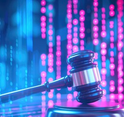Poster - Digital Justice Gavel Neon Lights Background Law Legal Concept