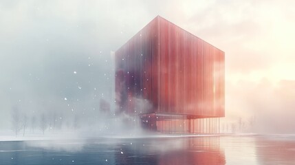 Poster - Futuristic red building in snowy, foggy landscape.