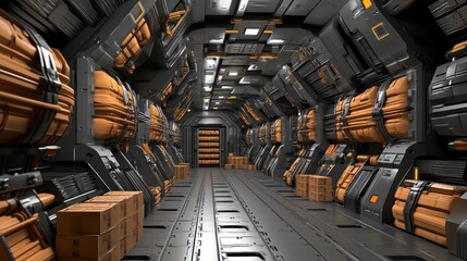 Poster - Futuristic spaceship cargo bay interior.  Grey metallic walls, orange containers, and a long corridor.