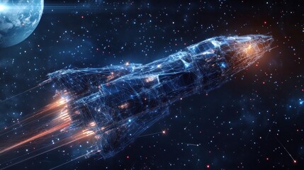 Poster - Futuristic spaceship soaring through space, leaving a fiery trail near Earth.
