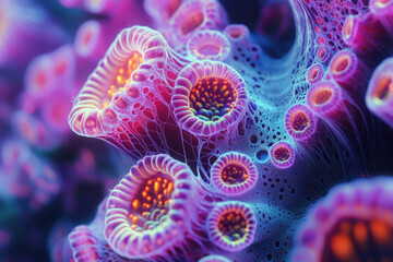 Aufkleber - Vibrant, bioluminescent coral reef, intricate textures and glowing polyps, a mesmerizing underwater scene.