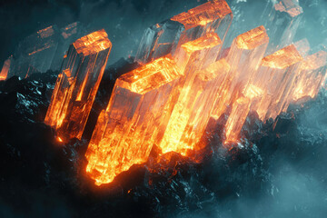 Poster - Glowing orange crystals emerge from dark, rough rock, creating a striking contrast of light and shadow.