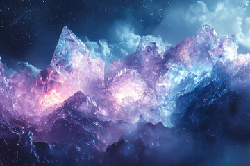 Poster - Glowing crystal mountains under a starry night sky, a surreal and ethereal landscape.