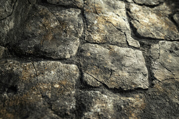 Poster - Close-up view of a weathered stone wall, showcasing its textured surface and aged appearance.