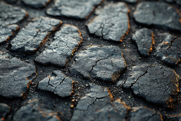 Poster - Close-up of dark, cracked, wet stone surface, possibly asphalt or volcanic rock.