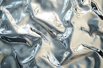 Poster - Abstract image of crumpled metallic silver foil, reflecting light and creating a textured surface.