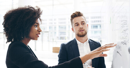 Poster - Woman, man and discussion by board, finance and review for profit, revenue or increase with insight at office. Business people, team and accounting for notes, feedback and talk with stats at agency