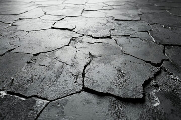 Poster - A dark, cracked surface resembling dried earth or asphalt, showing texture and depth.
