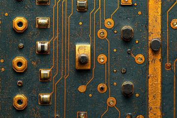 Aufkleber - Close-up of a weathered circuit board, showcasing intricate gold traces and electronic components.