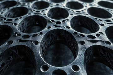 Poster - Intricate metallic lattice structure with repeating circular voids, resembling a complex network or biomimetic design.