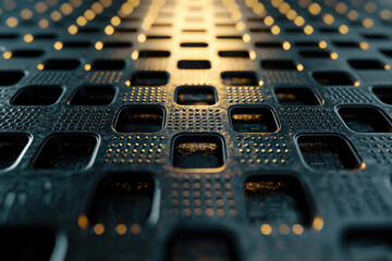 Poster - Abstract metallic grid with square openings, illuminated from below, showcasing a futuristic or technological design.