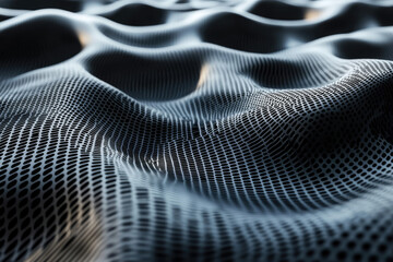 Poster - Abstract 3D rendering of a dark gray undulating mesh, resembling a digital landscape or fabric.