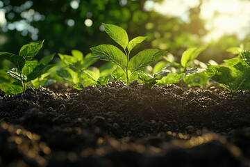 Poster - Young green plants sprout from rich soil, bathed in warm sunlight, symbolizing growth and new beginnings.