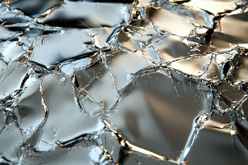 Poster - A close-up shot reveals a shattered metallic surface, fragmented into irregular, reflective pieces.