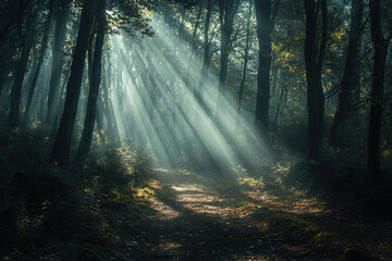 Poster - Sunbeams pierce a misty forest, illuminating a path through tall trees and lush undergrowth.