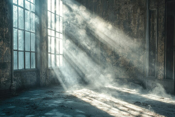 Poster - Sunbeams illuminate a dusty, abandoned room with large windows, creating a dramatic atmosphere.
