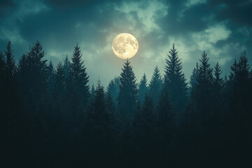 Poster - A full moon casts an ethereal glow over a dark, mysterious forest, creating a serene yet slightly eerie atmosphere.