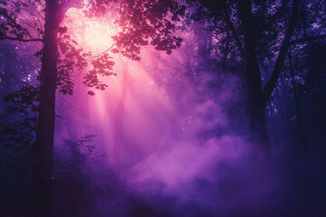 Poster - Sunbeams pierce a mystical purple forest, creating an ethereal and enchanting atmosphere.