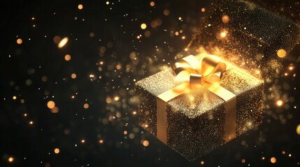 Poster - Glimmering gold gift box with bow, sparkling particles on black background.
