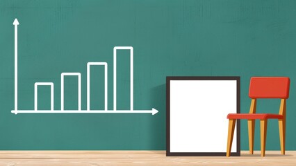 Poster - Upward Trend Graph on Teal Wall with Blank Frame and Red Chair Business Growth Concept