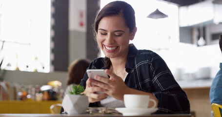 Aufkleber - Smile, internet and woman in cafe, smartphone and typing with social media, funny meme and relax. Person, mobile user and girl in restaurant, coffee and cellphone with digital app and connection