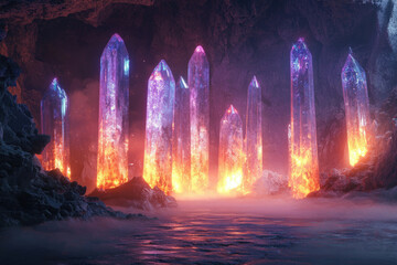 Poster - Glowing, crystalline structures rise from a fiery, misty cave lake, creating a surreal and magical scene.