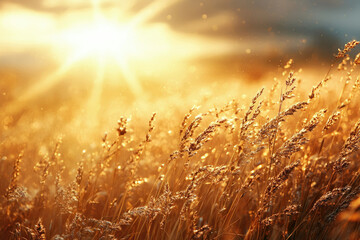 Aufkleber - Golden hour sunlight illuminates tall grass, creating a warm, serene, and peaceful landscape.