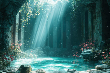Aufkleber - Sunbeams illuminate a hidden, tranquil oasis within ancient ruins, where turquoise waters reflect ethereal beauty.