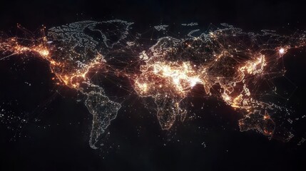 Fototapete - Global network connections visualized as illuminated lines on a world map, depicting global communication and interconnectedness.