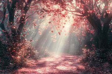 Poster - Sunlit path through a mystical pink forest, leaves falling, magical atmosphere.