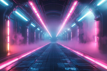Poster - Futuristic neon-lit corridor with pink and blue lights, smoky atmosphere, creating a cyberpunk vibe.