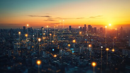 Poster - Cityscape at sunset with digital network.  Possible stock photo use Modern cityscape