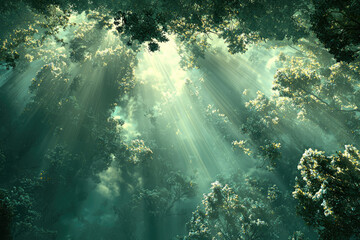 Poster - Sunbeams pierce through a mystical, verdant forest canopy, creating an ethereal atmosphere.