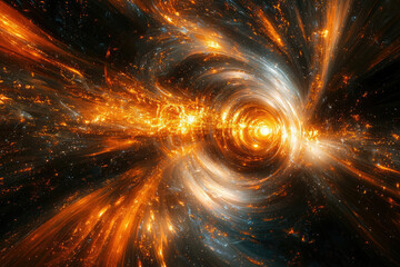Poster - A swirling vortex of fiery orange and cool blue hues, resembling a cosmic nebula or energy explosion.