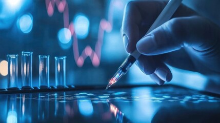 Poster - Gloved hand using stylus on tablet, analyzing data displayed with test tubes in background.
