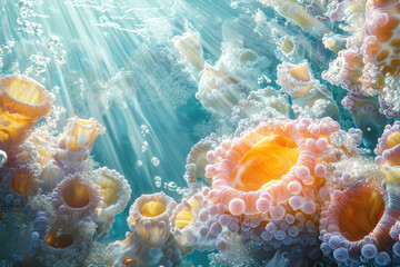 Aufkleber - Sunlit underwater scene with vibrant coral formations and bubbles, showcasing intricate details and textures.