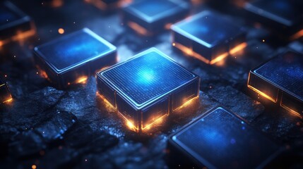 Poster - Glowing blue and orange cubes on dark surface.