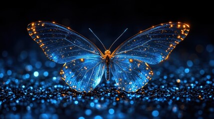Aufkleber - Glowing blue butterfly with golden edges on dark glitter background.