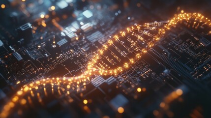 Aufkleber - Glowing DNA strand on a circuit board, representing biotechnology and genetic engineering.