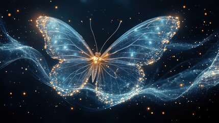 Poster - Glowing ethereal butterfly with light trails in dark space.