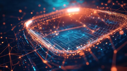 Poster - Futuristic stadium, digital network, glowing lights, aerial view, abstract, high-tech, virtual, use in video game art, esports concept, 3D graphic design