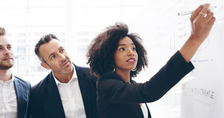 Poster - Whiteboard, planning or business people in meeting with leader, task or project management. Writing, checklist or manager with timeline for brainstorming for agenda, development or company resources