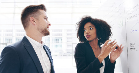 Poster - Whiteboard, planning or business people in discussion with manager, task or project management. Training, ideas or leader with teamwork for brainstorming for agenda, development or company resources
