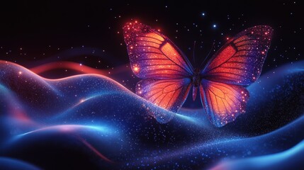 Poster - Glowing orange butterfly on a dark blue, wave-like surface with sparkling particles.