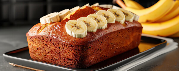 Aufkleber - classic banana cake loaf with golden crust is topped with fresh banana slices, creating delicious and inviting appearance. loaf is presented on black tray, highlighting its rich color and texture
